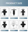 Universal 100Pcs Car Clip Kit With 6 Popular Sizes shown with detailed dimensions, including bumper retainer clips and plastic rivets.