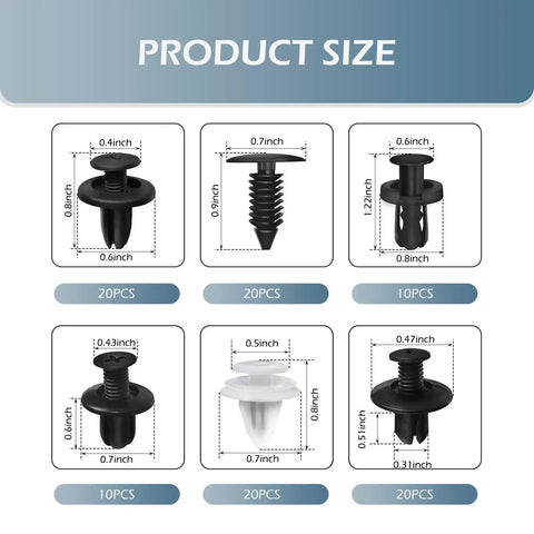 Universal 100Pcs Car Clip Kit With 6 Popular Sizes shown with detailed dimensions, including bumper retainer clips and plastic rivets.