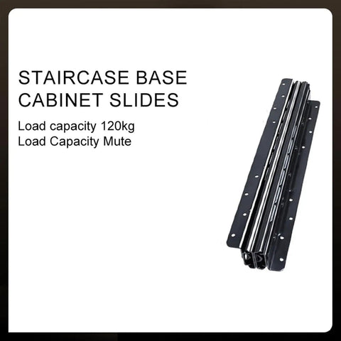 Heavy Duty Full Extension Drawer Slides Three Section Staircase Hidden Track, black cabinet slides labeled with load capacity.