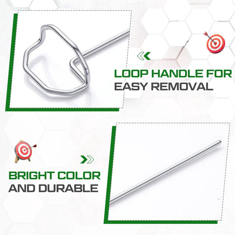 24 Pack 6 Inch Archery Target Pins With Loop Handle Built Tough Stainless Steel Ground Stakes shown with loop handle and pin end