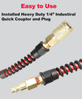 Close-up of Heavy-Duty Hybrid Air Compressor Hose with installed 1/4 inch quick couplers, showing flexible design and brass fittings.
