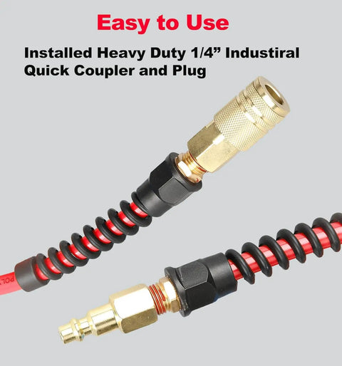 Close-up of Heavy-Duty Hybrid Air Compressor Hose with installed 1/4 inch quick couplers, showing flexible design and brass fittings.