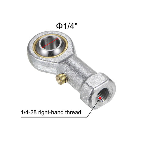 4 Pack Female Rod End Bearing With One Quarter Inch Bore And One Quarter Twenty Eight Right Hand Thread Self Lubricating Joint Rod Ends Includes Jam Nuts For Smooth Flexible Motion In Mechanical Builds For DIYers. 1/4 bore and 1/4-28 RH thread shown