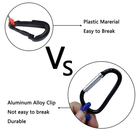 Comparison between plastic clip and aluminum clip of Boat Kill Switch Lanyard Replacement Tether 54 Inch Blue For Outboard Boats.