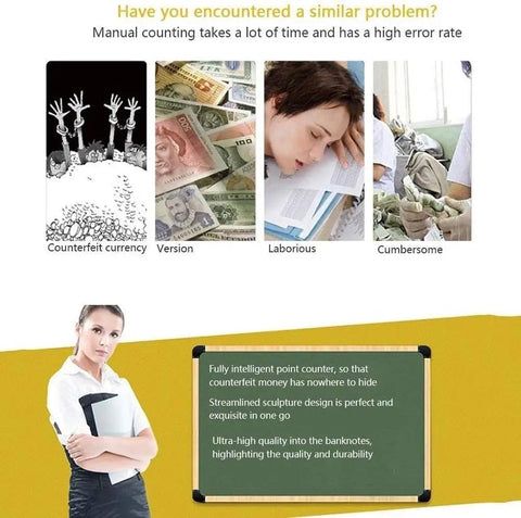 Hassle Free Money Counter With Advanced Infrared Bill Detector fast sorting machine displayed with counterfeit and laborious counting images.
