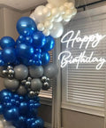 Personalized 21.6 Inch Birthday Neon Sign Wall Art LED Neon Light For Home Bar Party Decor Lit Vibe That Pops Bright Yet Gentle On Eyes Easy Mount Wall Decor Gift For Celebration with blue and white balloon arrangement.