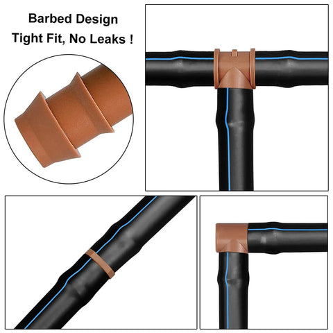 Close-up of a Barbed Connector from the Durable 26 Piece Irrigation Fittings Kit For One Half Inch Tubing With Eight Couplings Six Tees Six Elbows Six End Cap Plugs.