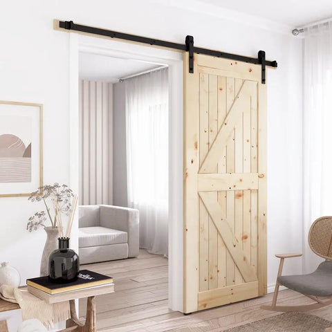 6 Ft Sliding Barn Door Hardware Kit With Black Track installed on wooden barn door, showing smooth quiet operation in a modern living room.