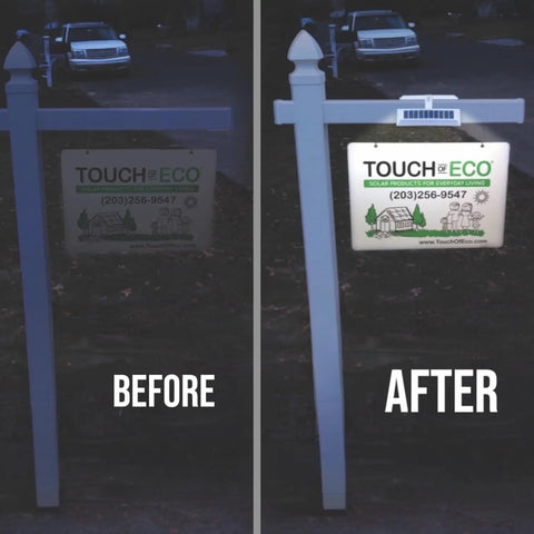 Comparison of before and after brightness with Solar Dual Sided LED Post Light For Real Estate Signs And Business Yards.