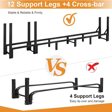 Comparison of Beefy 8Ft Firewood Rack With Heavy Duty Metal Frame And Built In Kindling Storage between 12 and 4 support legs.