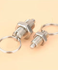 Built Tough Stainless Steel Retractable Index Plunger With Pull Ring And Locking Screw, showing two sizes for woodworking and CNC use.
