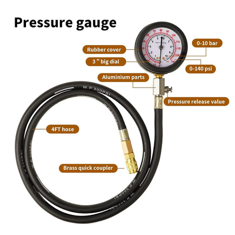 Front view of oil pressure tester kit with 3-inch dial gauge, 0–140 psi, rubber cover, 4 ft hose, brass quick coupler