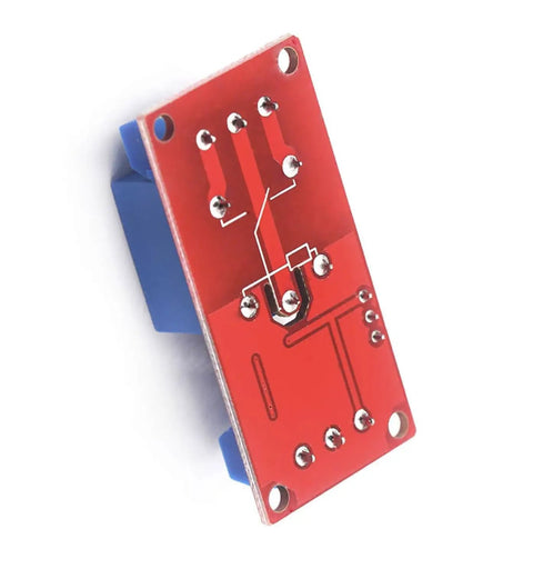 Back view of One Channel 5V Relay Module for Arduino Raspberry Pi PLC, showing circuit paths and mounting holes for DIY projects.