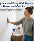 Woman using DIY Friendly Drywall Repair Kit With Scraper And Spackle For Quick Wall Patch Mending Three Tubes Of Wall Mending Agent Nozzle Extenders And Sandpaper For Filling Holes And Cracks The Fast Drying Solution For Home Walls.