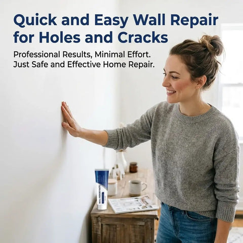 Woman using DIY Friendly Drywall Repair Kit With Scraper And Spackle For Quick Wall Patch Mending Three Tubes Of Wall Mending Agent Nozzle Extenders And Sandpaper For Filling Holes And Cracks The Fast Drying Solution For Home Walls.