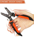 Five In One Wire Stripper And Crimping Tool For Ten To Twenty Two AWG Electrical Wires with ergonomic handle shown in hand