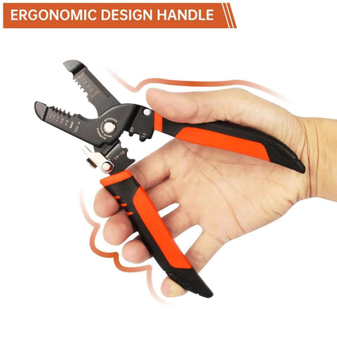 Five In One Wire Stripper And Crimping Tool For Ten To Twenty Two AWG Electrical Wires with ergonomic handle shown in hand