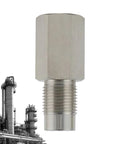 Stainless steel extension pipe fitting with male threads; close-up view