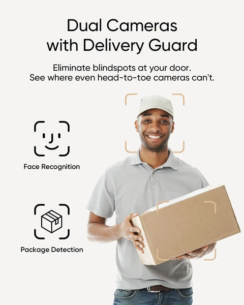 Dual Camera Smart Video Doorbell With Crisp 2K Clarity And Color Night Vision Delivery Guard Mode, man holding a package, face recognition.