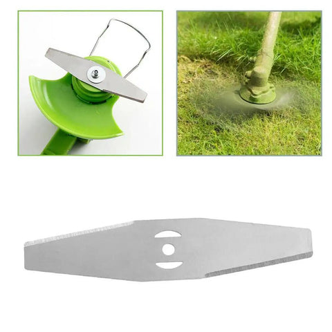 Eight Piece Metal Lawn Mower Saw Blades And Replacement Heads Set For Cordless Mowers, Universal Attachments For Most String Trimmers, Includes Battery And Charger Accessories For Easy Yard Work, showing blade and trimmer installation
