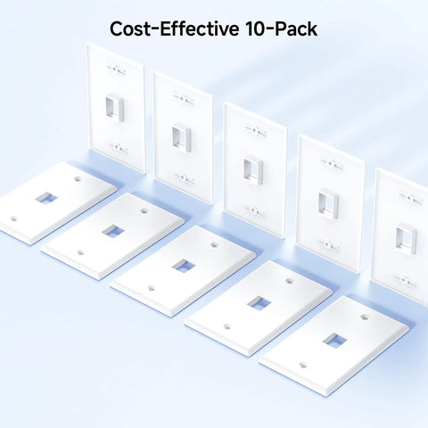 Ten Slick Low Profile Keystone Wall Plates For Home Theater And Office Networking Super Easy Click Fit Mount in a 10-pack, white design