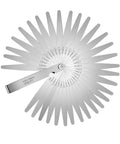 32-blade stainless steel feeler gauge set with metric and imperial blades arranged in a circular wheel.