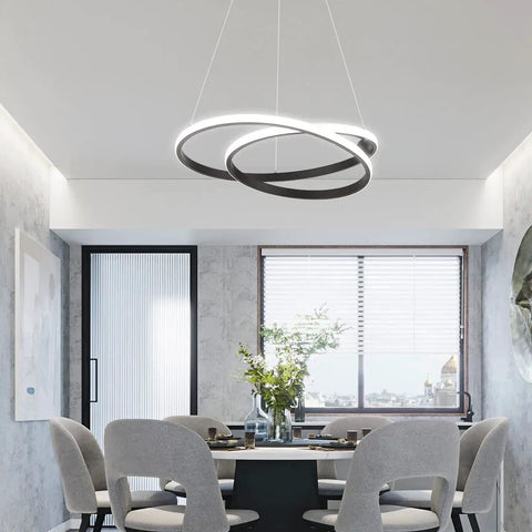 Modern LED Chandelier With Dimmable 36W Light And Remote, Black Acrylic Two Ring Pendant Hanging Lamp in Dining Room.