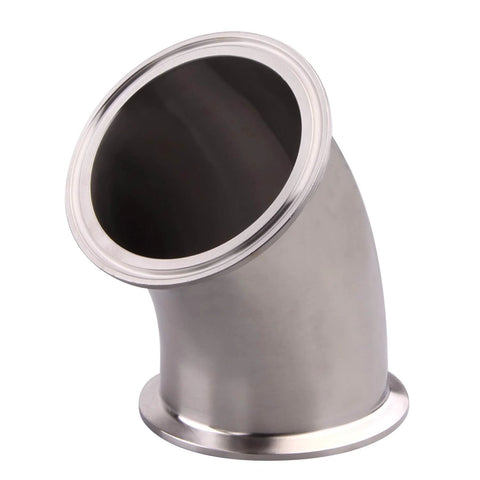 45-degree stainless elbow pipe fitting, 3 in tube OD, 304 stainless, tri-clamp compatible, angled side view