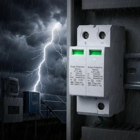 Two Pack 1000V 40KA DC Surge Protector With Lightning Shield And Modular Design Photovoltaic Arrester For Home And Office Use On 35mm DIN Rail Mount DC1000V 2pcs installed during storm.