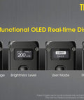 Ultra Compact 500 Lumen Dual LED Keychain Light With OLED Display showcases battery, brightness, mode, and runtime.