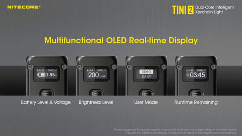 Ultra Compact 500 Lumen Dual LED Keychain Light With OLED Display showcases battery, brightness, mode, and runtime.