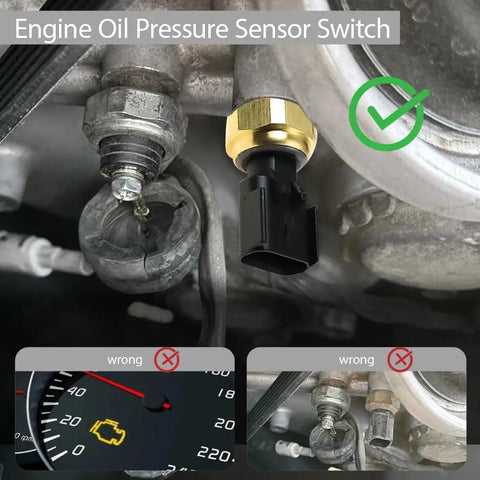 Engine Oil Pressure Sensor Switch Replacement For 5149064AA And 5149062AA installed on vehicle engine with correct connections.