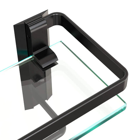 Close-up of Tempered Glass Wall Shelf with Towel Bar for Bathroom, 15.2 by 4.5 Inches, showing anodic oxidation aluminum frame.