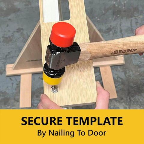 Hands using hammer on Three And A Half Inch Single Pocket Door Hinge Template For Interior Wood Doors Pro Grade Router Jig