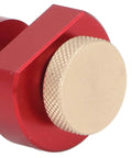Close-up of 19mm Table Stop For Woodworking Aluminum Alloy With Thumb Screw Lock CNC Processed Non Slip Workbench Limiting Block For Planing Sanding And Marking Red.