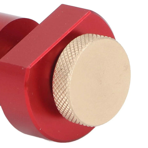 Close-up of 19mm Table Stop For Woodworking Aluminum Alloy With Thumb Screw Lock CNC Processed Non Slip Workbench Limiting Block For Planing Sanding And Marking Red.