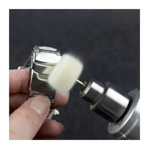 Premium Wool Polishing Wheels With 25mm Diameter And 3mm Shank for detailing a watch band with a drill, showing soft buffing.
