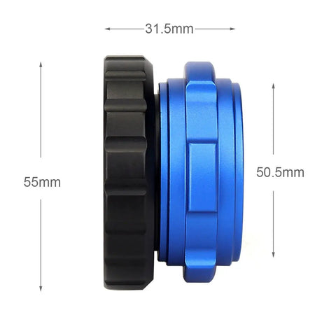 Side view of Hybrid 1.25 Inch Telescope Eyepiece Adapter with PETF inner ring and coaxial lock, dimensions labeled in mm.