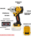 Beast 1000Nm Cordless Impact Wrench Half Inch Drive With Brushless Motor LED Light And Four Stage Torque Settings For Heavy Duty Auto And Construction Jobs Battery And Charger Not Included with labeled components
