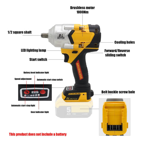Beast 1000Nm Cordless Impact Wrench Half Inch Drive With Brushless Motor LED Light And Four Stage Torque Settings For Heavy Duty Auto And Construction Jobs Battery And Charger Not Included with labeled components