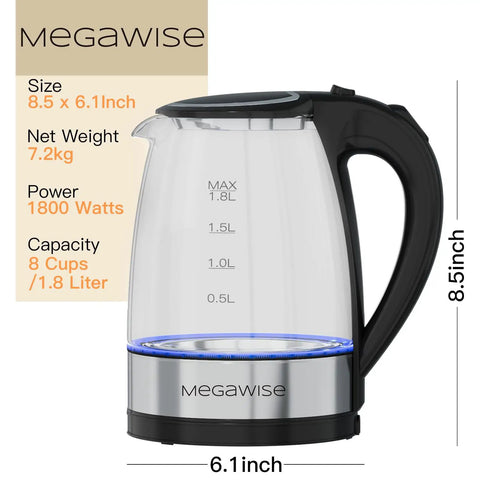 Electric Glass Kettle With Auto Shut Off 1.8L Borosilicate Glass Body Stainless Steel Inner Lid And Base No Plastic Touching Boiling Water Quick Boil Safe Pour Modern Countertop Tea And Coffee Kettle product image with size 8.5x6.1 inches
