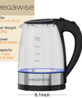 1.8L Cordless Electric Kettle With Borosilicate Glass 1800W Fast Boil Auto Shut Off Boil Dry Protection 