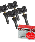 Heavy Duty TPMS Tire Pressure Sensors Four Pack With Durable Rubber Stems For Chevy Gmc Cadillac Buick Pontiac Straight Up Swap Oem Replacement 13533166 No Sweat Install Bulletproof Vibes in black with packaged box