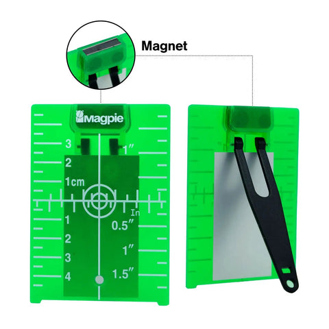 Front and back view of Target Card Plate For Laser Alignment With Magnetic Slim Profile Inch And Centimeter Scale