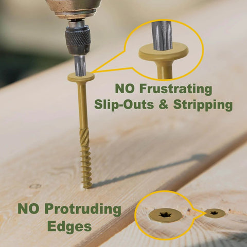 Beefy Outdoor Lag Screws For Decking And Timber Two And Seven Eighth Inch Fifty Pack Bronze Coated Flat Head Rust Resistant Structural Wood Screws With Star Drive And T30 Bit Included For Heavy Duty Construction drilled into wood.