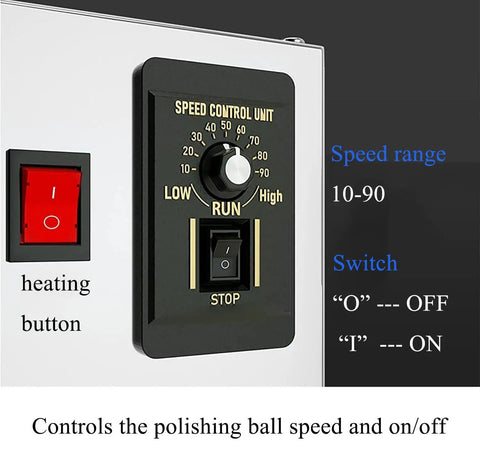 Real Deal Commercial Electric Sugar Coating Machine Heavy Duty Candy Coater Polisher control panel with speed settings and heating button.