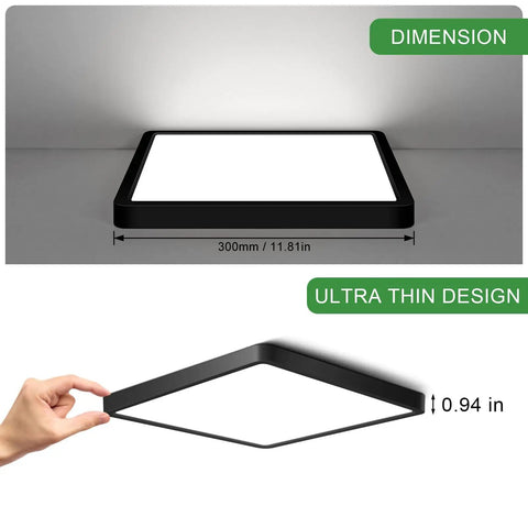 Ultra Thin 12 Inch 24W LED Flush Mount Ceiling Light 5000K Daylight White Square Surface Mount Panel Sleek Black Modern
