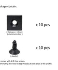 Package content of 10 Pack Aluminum Extrusion T Slot End Cap Brackets For 10 By 10 And 25 Series shown with brackets and screws