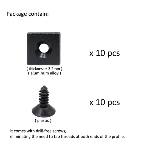 Package content of 10 Pack Aluminum Extrusion T Slot End Cap Brackets For 10 By 10 And 25 Series shown with brackets and screws