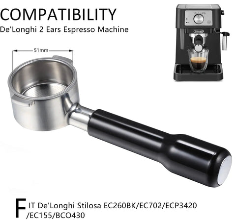 51mm bottomless portafilter with 2 ears for ECP3420 BCO430 EC260 espresso machines, stainless steel filter basket, ABS handle
